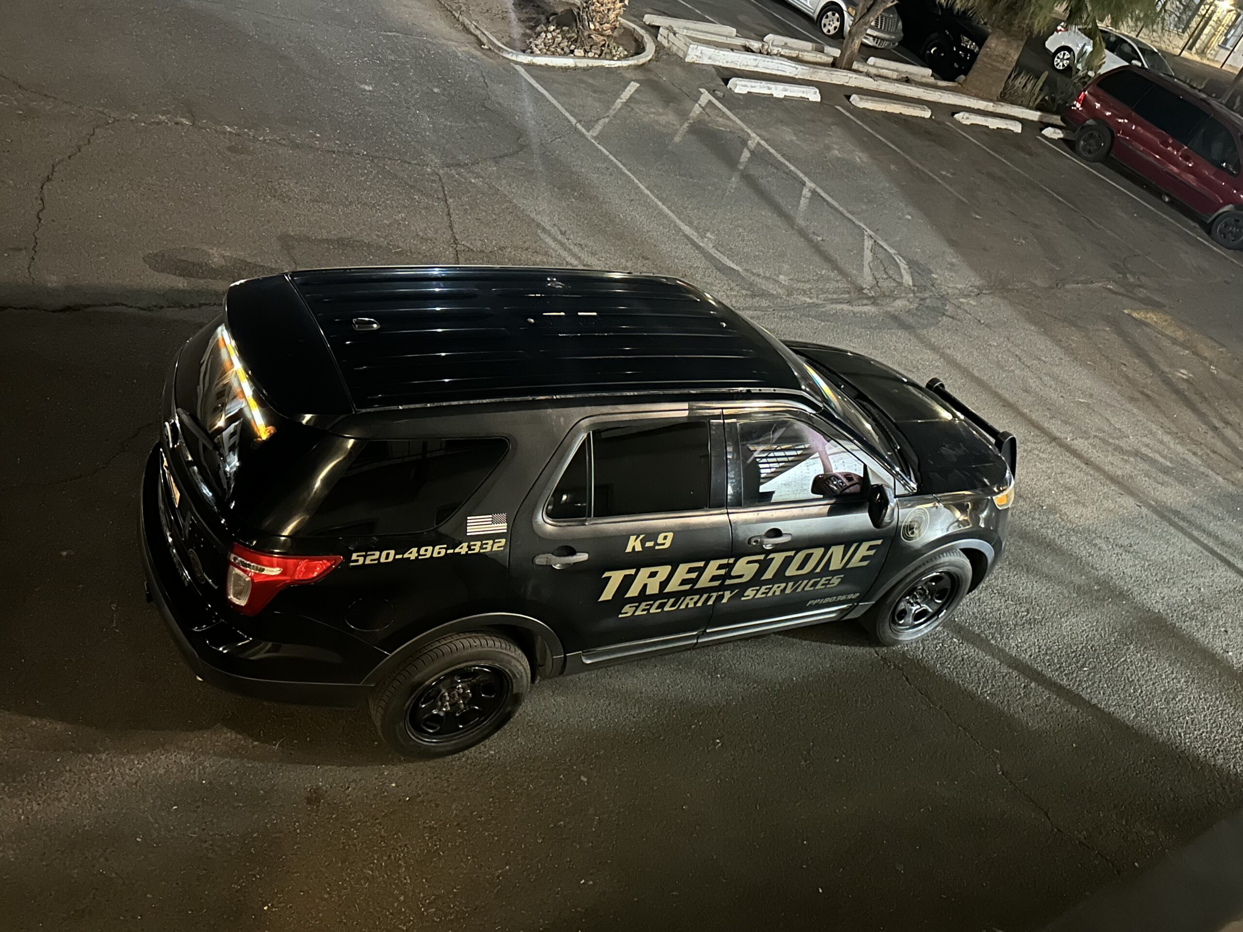 Black security patrol SUV with TreeStone Security branding, parked at night in an urban area.